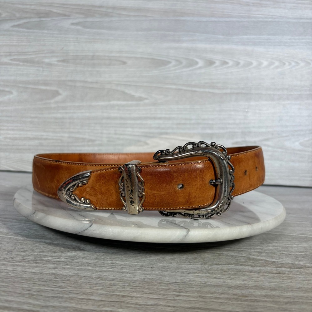VTG Brighton M Tan Cognac Leather Western Belt Silver Filigree Hardware 46706